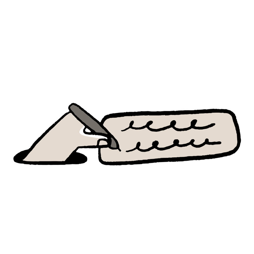 A cartoon image of a hand writing on a scrap of paper.